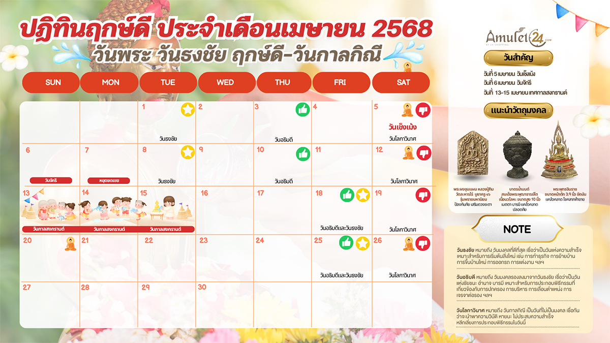 ปฏิทินวันพระ วันธงชัย ฤกษ์ดี วันกาลกิณี ประจำเดือนเมษายน 2568 - ALL ...